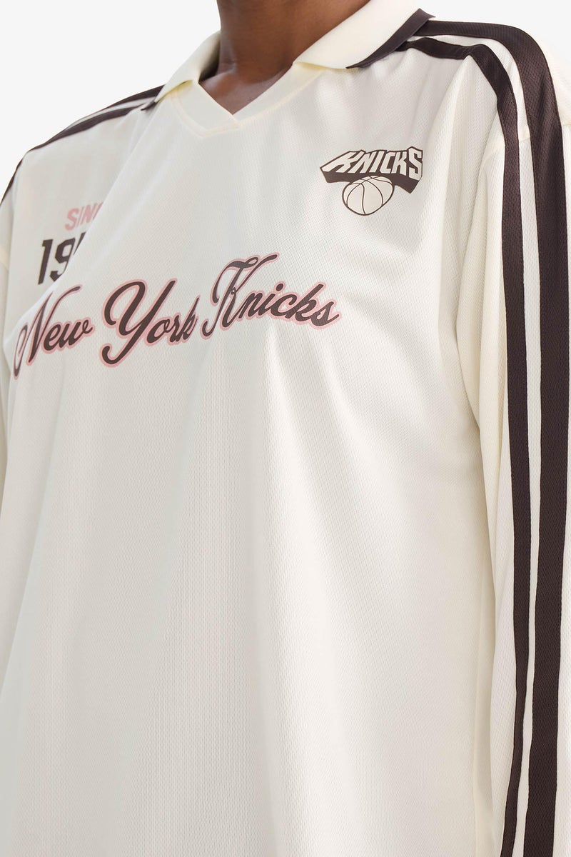 DeFacto Beige Woman NBA New York Knicks Oversize Tulle Long Sleeve Polo T-shirt Casual - Image 5